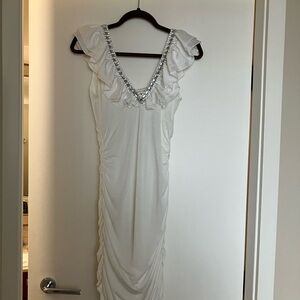 PasCucci White Ruched Dress with Rhinestone Detail - Size M